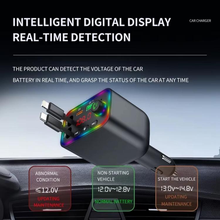 Y4 Retractable Cable Super Fast Charging Car Charger Bluetooth-Compatible MP3 Player - Bluetooth Car Kits by buy2fix | Online Shopping UK | buy2fix