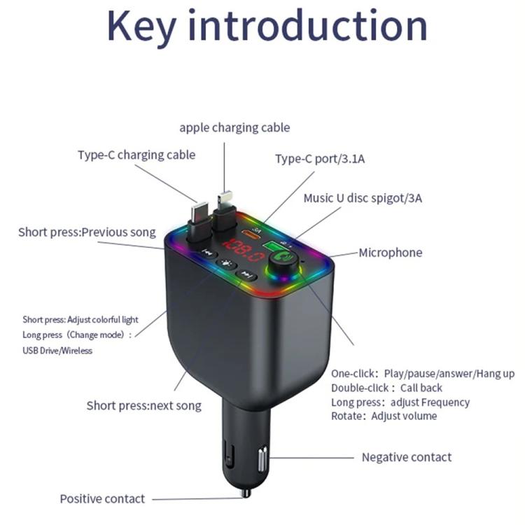 Y4 Retractable Cable Super Fast Charging Car Charger Bluetooth-Compatible MP3 Player - Bluetooth Car Kits by buy2fix | Online Shopping UK | buy2fix