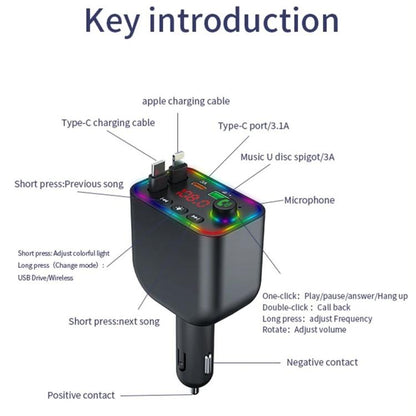 Y4 Retractable Cable Super Fast Charging Car Charger Bluetooth-Compatible MP3 Player - Bluetooth Car Kits by buy2fix | Online Shopping UK | buy2fix