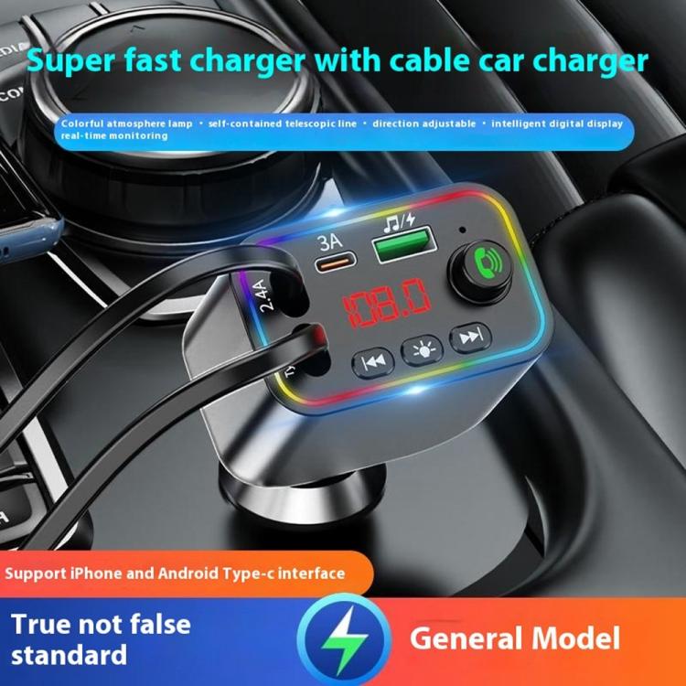 L4 Fast Charging Car Charger MP3 Player Retractable Cable FM Transmitter - Bluetooth Car Kits by buy2fix | Online Shopping UK | buy2fix