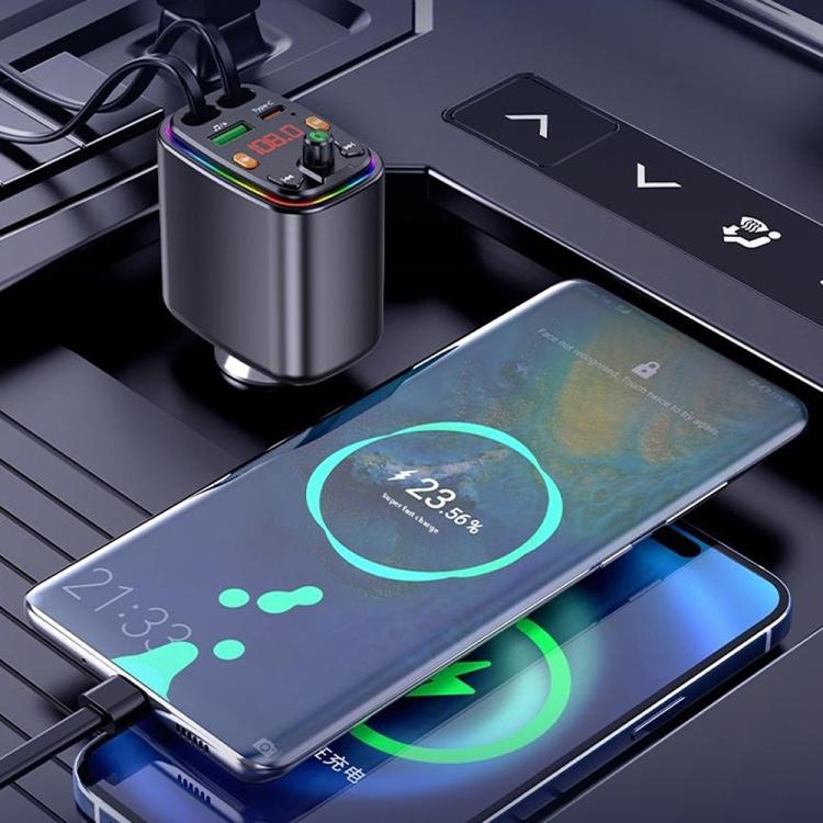 Y10 With Retractable Type C + iP Cable Car Charger FM Transmitter Bluetooth MP3 Player - Bluetooth Car Kits by buy2fix | Online Shopping UK | buy2fix
