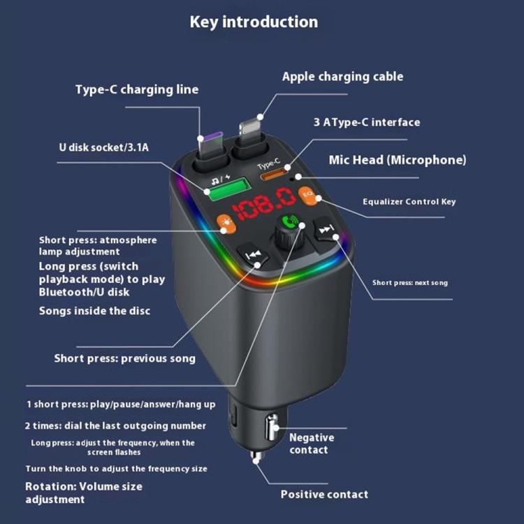 Y10 With Retractable Type C + iP Cable Car Charger FM Transmitter Bluetooth MP3 Player - Bluetooth Car Kits by buy2fix | Online Shopping UK | buy2fix