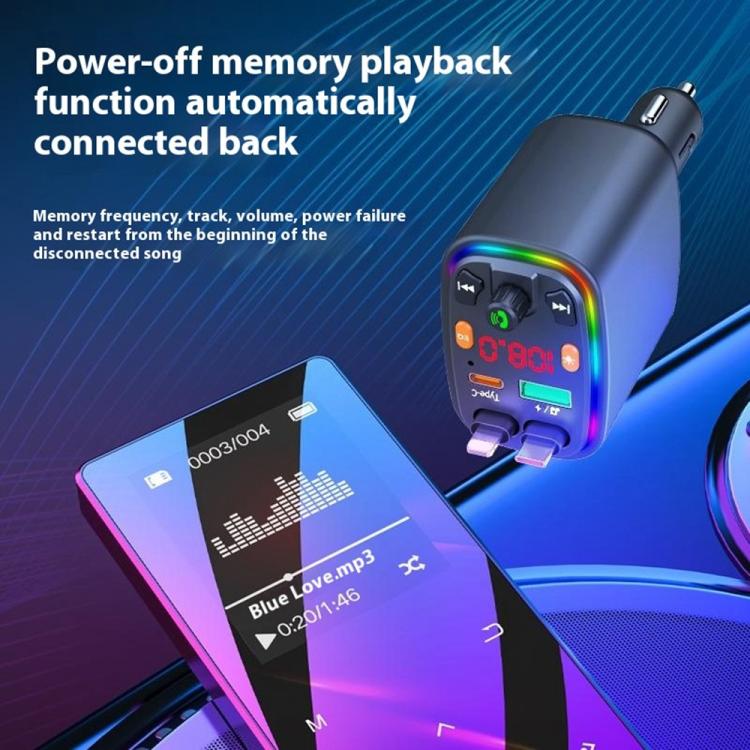 Y10 With Retractable Type C + iP Cable Car Charger FM Transmitter Bluetooth MP3 Player - Bluetooth Car Kits by buy2fix | Online Shopping UK | buy2fix