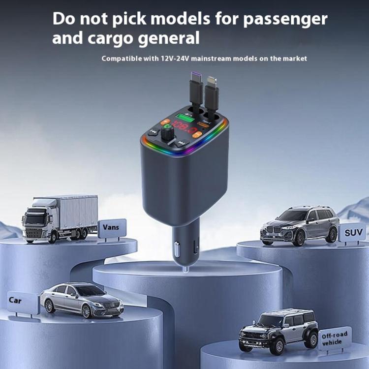 Y10 With Retractable Type C + iP Cable Car Charger FM Transmitter Bluetooth MP3 Player - Bluetooth Car Kits by buy2fix | Online Shopping UK | buy2fix