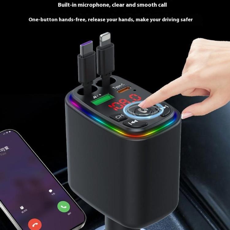 Y9 Retractable Cable Bluetooth FM Transmitter Voltage Display Car Charger MP3 Player - Bluetooth Car Kits by buy2fix | Online Shopping UK | buy2fix