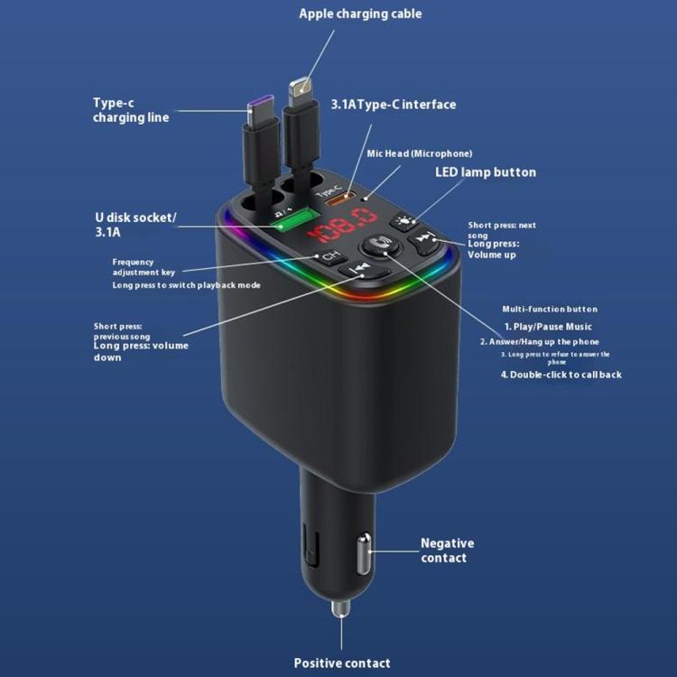 Y9 Retractable Cable Bluetooth FM Transmitter Voltage Display Car Charger MP3 Player - Bluetooth Car Kits by buy2fix | Online Shopping UK | buy2fix