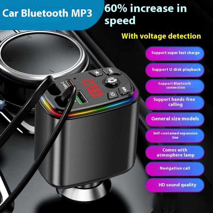 Y9 Retractable Cable Bluetooth FM Transmitter Voltage Display Car Charger MP3 Player - Bluetooth Car Kits by buy2fix | Online Shopping UK | buy2fix