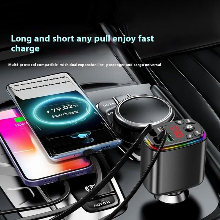 Y9 Retractable Cable Bluetooth FM Transmitter Voltage Display Car Charger MP3 Player - Bluetooth Car Kits by buy2fix | Online Shopping UK | buy2fix