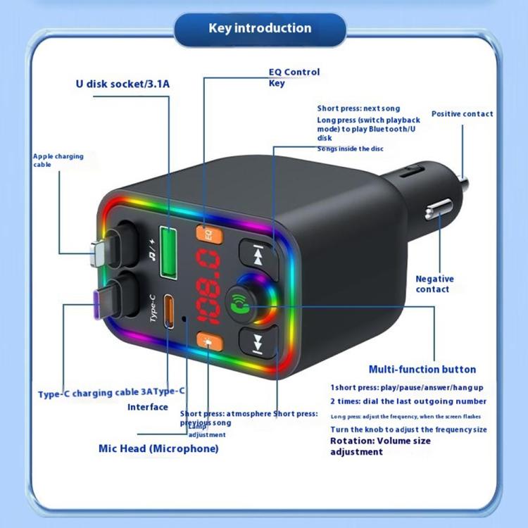 Y6 Retractable Cable EQ Adjustment Bluetooth FM Transmitter Car Charger MP3 Player - Bluetooth Car Kits by buy2fix | Online Shopping UK | buy2fix