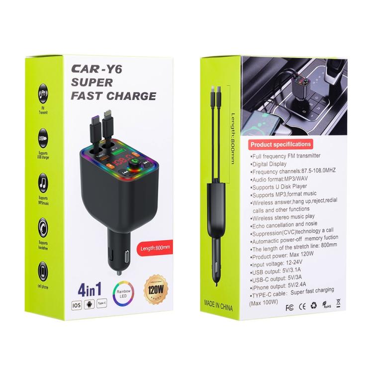 Y6 Retractable Cable EQ Adjustment Bluetooth FM Transmitter Car Charger MP3 Player - Bluetooth Car Kits by buy2fix | Online Shopping UK | buy2fix