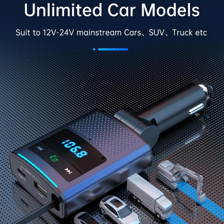BC99 With Retractable Cable FM Transmitter PD 65W Fast Charging Laptop Phone Car Charger - Bluetooth Car Kits by buy2fix | Online Shopping UK | buy2fix