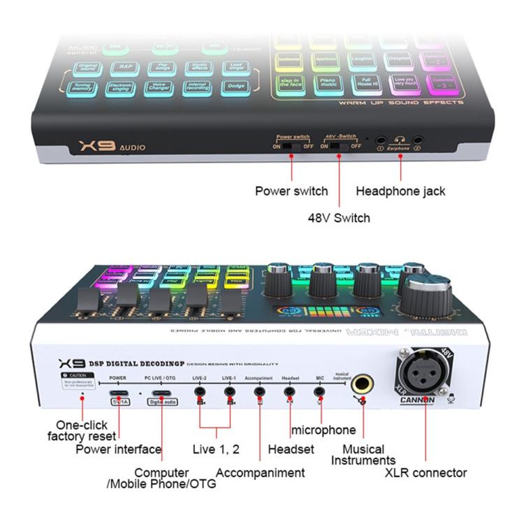 X9 48V Phantom Power Bluetooth Audio Mixer 4-Channel USB Sound Card Voice Changer - Live Sound Effects Processors by buy2fix | Online Shopping UK | buy2fix