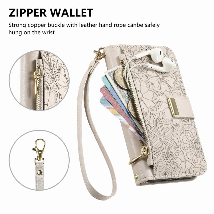 For iPhone Air Flowers Leaves Zipper Wallet Leather Phone Case with Strap(Khaki) - iPhone Air Cases by buy2fix | Online Shopping UK | buy2fix