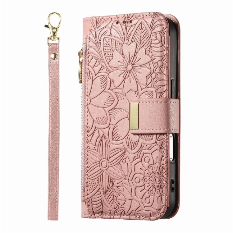 For iPhone Air Flowers Leaves Zipper Wallet Leather Phone Case with Strap(Pink) - iPhone Air Cases by buy2fix | Online Shopping UK | buy2fix