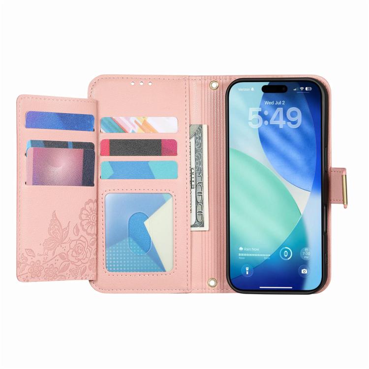 For iPhone Air Flowers Leaves Zipper Wallet Leather Phone Case with Strap(Pink) - iPhone Air Cases by buy2fix | Online Shopping UK | buy2fix