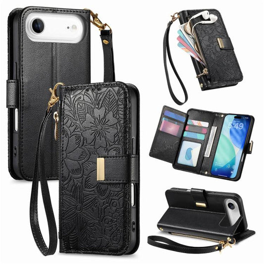 For iPhone Air Flowers Leaves Zipper Wallet Leather Phone Case with Strap(Black) - iPhone Air Cases by buy2fix | Online Shopping UK | buy2fix