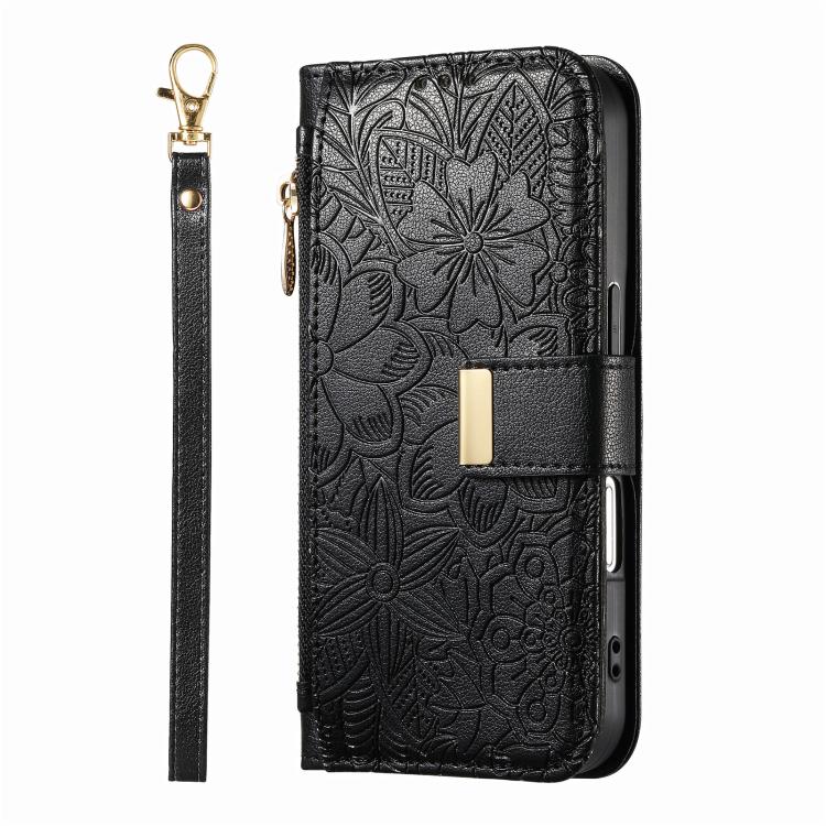 For iPhone Air Flowers Leaves Zipper Wallet Leather Phone Case with Strap(Black) - iPhone Air Cases by buy2fix | Online Shopping UK | buy2fix