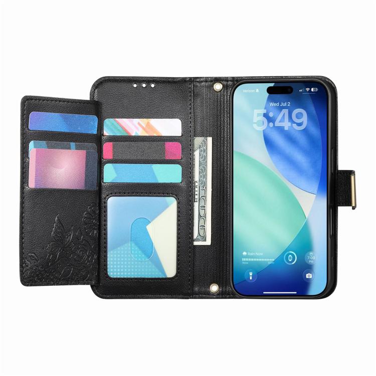 For iPhone Air Flowers Leaves Zipper Wallet Leather Phone Case with Strap(Black) - iPhone Air Cases by buy2fix | Online Shopping UK | buy2fix