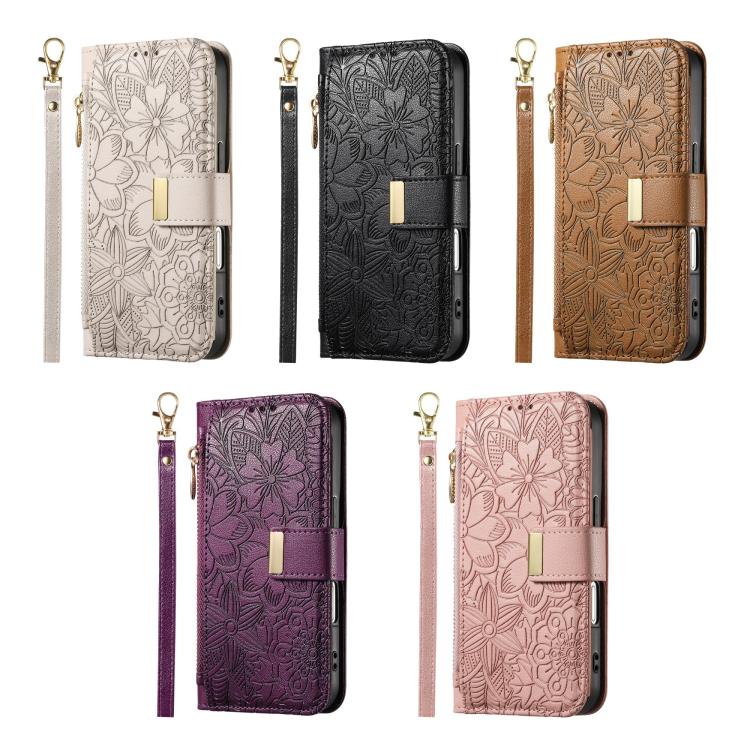 For iPhone Air Flowers Leaves Zipper Wallet Leather Phone Case with Strap(Pink) - iPhone Air Cases by buy2fix | Online Shopping UK | buy2fix