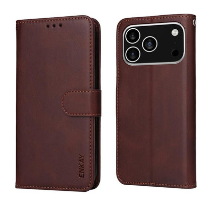 For iPhone 17 Pro ENKAY Card Wallet Calf Texture Leather Phone Case with Thickened Glue No White Edge Film(Brown) - iPhone 17 Pro Cases by ENKAY | Online Shopping UK | buy2fix