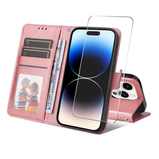 For iPhone 16 Pro ENKAY Card Wallet Calf Texture Leather Phone Case with Thickened Glue No White Edge Film(Pink) - iPhone 16 Pro Cases by ENKAY | Online Shopping UK | buy2fix