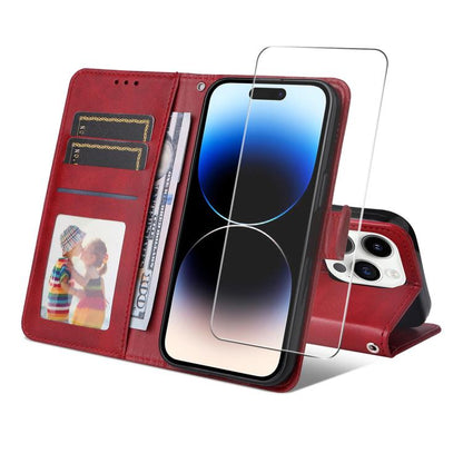 For iPhone 16 Pro ENKAY Card Wallet Calf Texture Leather Phone Case with Thickened Glue No White Edge Film(Red) - iPhone 16 Pro Cases by ENKAY | Online Shopping UK | buy2fix