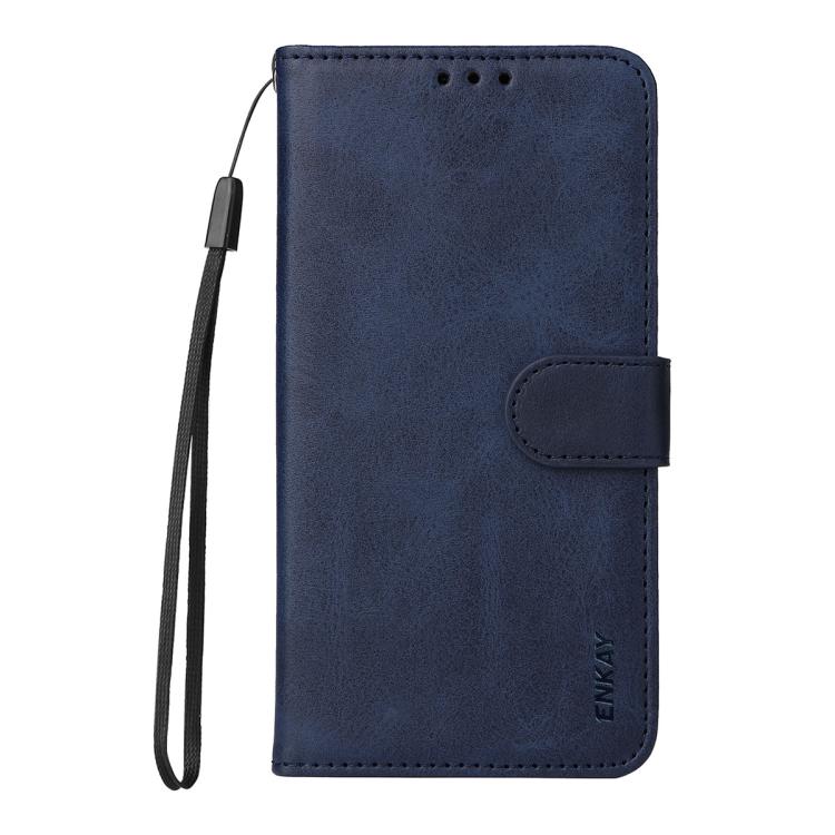 For iPhone 16 Plus ENKAY Card Wallet Calf Texture Leather Phone Case with Thickened Glue No White Edge Film(Blue) - iPhone 16 Plus Cases by ENKAY | Online Shopping UK | buy2fix