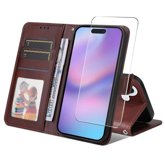 For iPhone 16 Plus ENKAY Card Wallet Calf Texture Leather Phone Case with Thickened Glue No White Edge Film(Brown) - iPhone 16 Plus Cases by ENKAY | Online Shopping UK | buy2fix
