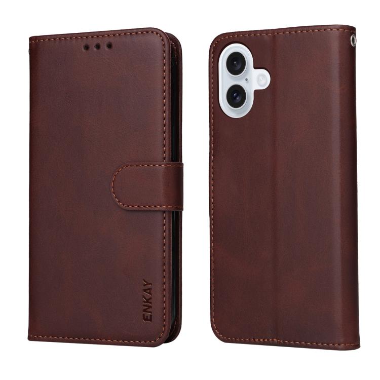 For iPhone 16 Plus ENKAY Card Wallet Calf Texture Leather Phone Case with Thickened Glue No White Edge Film(Brown) - iPhone 16 Plus Cases by ENKAY | Online Shopping UK | buy2fix