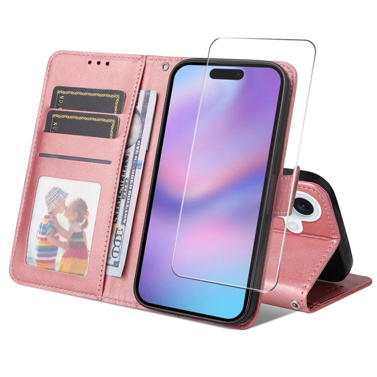 For iPhone 16 ENKAY Card Wallet Calf Texture Leather Phone Case with Thickened Glue No White Edge Film(Pink) - iPhone 16 Cases by ENKAY | Online Shopping UK | buy2fix