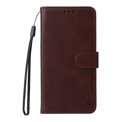 For iPhone 16 ENKAY Card Wallet Calf Texture Leather Phone Case with Thickened Glue No White Edge Film(Brown) - iPhone 16 Cases by ENKAY | Online Shopping UK | buy2fix