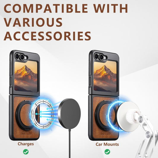 For Samsung Galaxy Z Flip7 5G Suteni G3 Oil Wax 360 Rotation Holder MagSafe Back Phone Case(Brown) - Galaxy Z Flip7 5G Cases by Suteni | Online Shopping UK | buy2fix