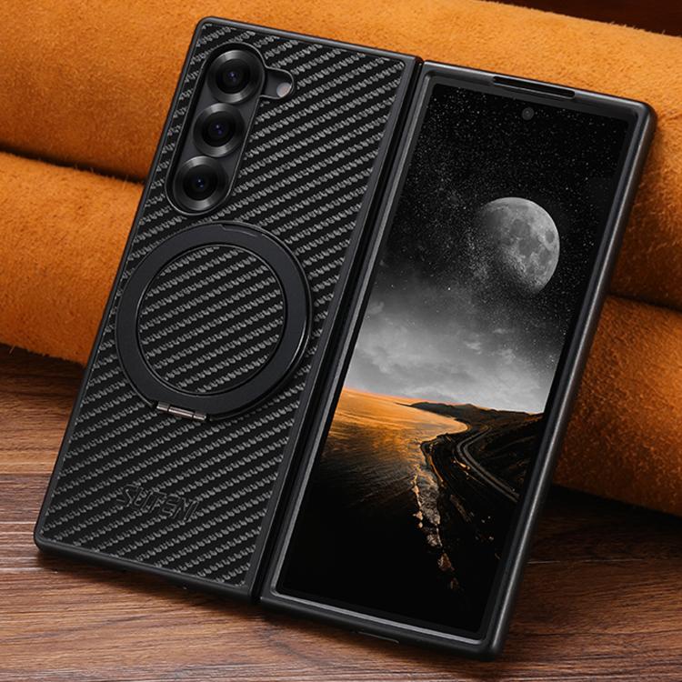 For Samsung Galaxy Z Fold7 5G Suteni G3 Carbon Fiber Leather 360 Rotation Holder MagSafe Phone Case(Black) - Galaxy Z Fold7 5G Cases by Suteni | Online Shopping UK | buy2fix