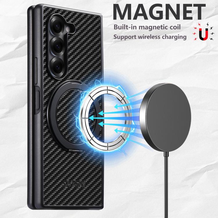 For Samsung Galaxy Z Fold7 5G Suteni G3 Carbon Fiber Leather 360 Rotation Holder MagSafe Phone Case(Black) - Galaxy Z Fold7 5G Cases by Suteni | Online Shopping UK | buy2fix