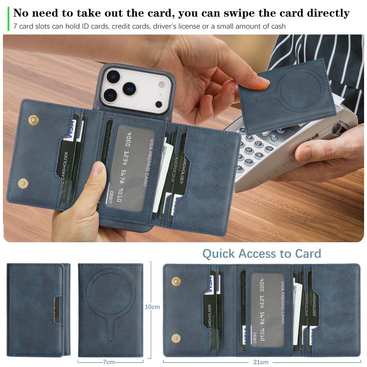 For iPhone 17 Pro Max Kalebol Strong Magnetic MagSafe Tri-Fold Wallet Leather Phone Case(Blue) - iPhone 17 Pro Max Cases by Kalebol | Online Shopping UK | buy2fix