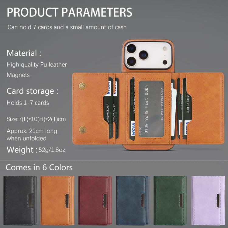 For iPhone 17 Pro Kalebol Strong Magnetic MagSafe Tri-Fold Wallet Leather Phone Case(Brown) - iPhone 17 Pro Cases by Kalebol | Online Shopping UK | buy2fix