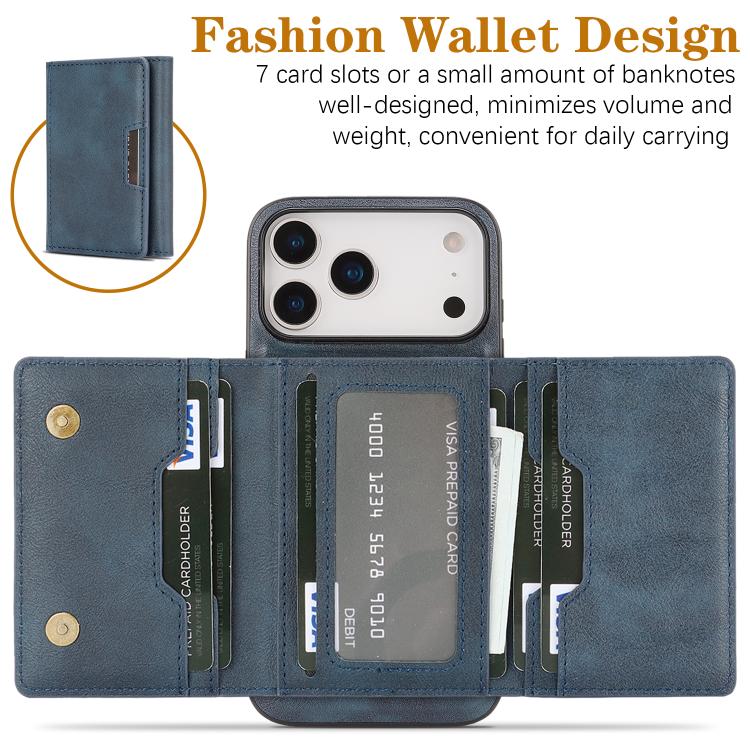For iPhone 17 Pro Kalebol Strong Magnetic MagSafe Tri-Fold Wallet Leather Phone Case(Blue) - iPhone 17 Pro Cases by Kalebol | Online Shopping UK | buy2fix
