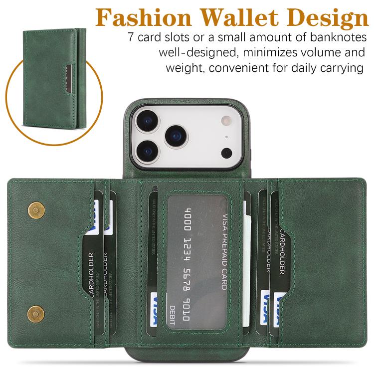 For iPhone 17 Pro Kalebol Strong Magnetic MagSafe Tri-Fold Wallet Leather Phone Case(Green) - iPhone 17 Pro Cases by Kalebol | Online Shopping UK | buy2fix