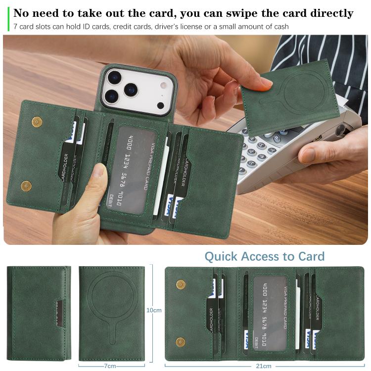 For iPhone 17 Pro Kalebol Strong Magnetic MagSafe Tri-Fold Wallet Leather Phone Case(Green) - iPhone 17 Pro Cases by Kalebol | Online Shopping UK | buy2fix
