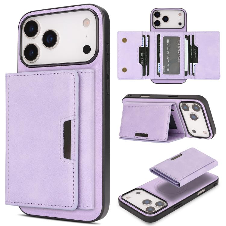 For iPhone 17 Pro Kalebol Strong Magnetic MagSafe Tri-Fold Wallet Leather Phone Case(Purple) - iPhone 17 Pro Cases by Kalebol | Online Shopping UK | buy2fix