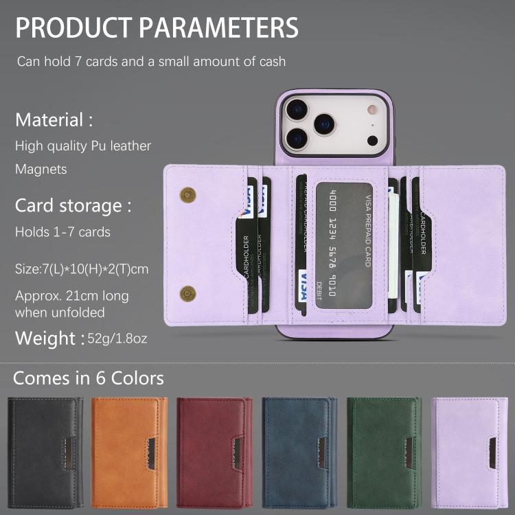 For iPhone 17 Pro Kalebol Strong Magnetic MagSafe Tri-Fold Wallet Leather Phone Case(Purple) - iPhone 17 Pro Cases by Kalebol | Online Shopping UK | buy2fix
