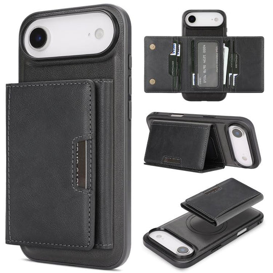 For iPhone 17 Air Kalebol Strong Magnetic MagSafe Tri-Fold Wallet Leather Phone Case(Black)