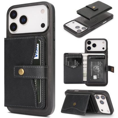 For iPhone 17 Pro Max Kalebol Magnetic Button Card Bag MagSafe Ring Leather Phone Case(Black) - iPhone 17 Pro Max Cases by Kalebol | Online Shopping UK | buy2fix