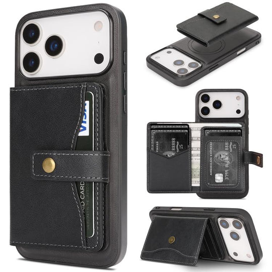 For iPhone 18 Pro Max / 17 Pro Max Kalebol Magnetic Button Card Bag MagSafe Ring Leather Phone Case(Black)
