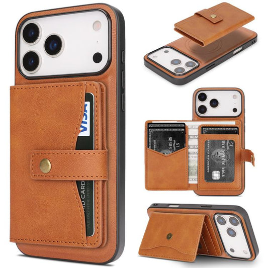 For iPhone 17 Pro Max Kalebol Magnetic Button Card Bag MagSafe Ring Leather Phone Case(Brown) - iPhone 17 Pro Max Cases by Kalebol | Online Shopping UK | buy2fix