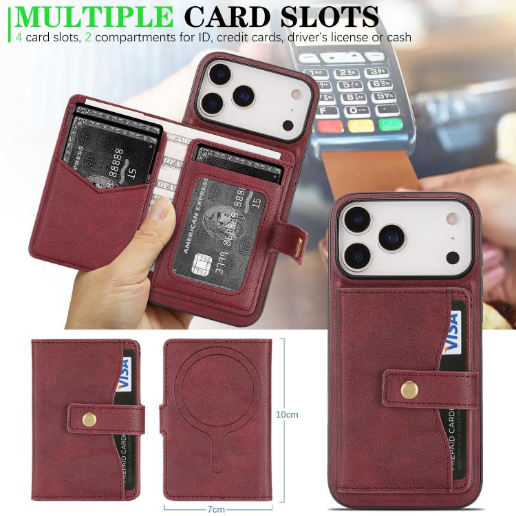 For iPhone 17 Pro Max Kalebol Magnetic Button Card Bag MagSafe Ring Leather Phone Case(Red) - iPhone 17 Pro Max Cases by Kalebol | Online Shopping UK | buy2fix