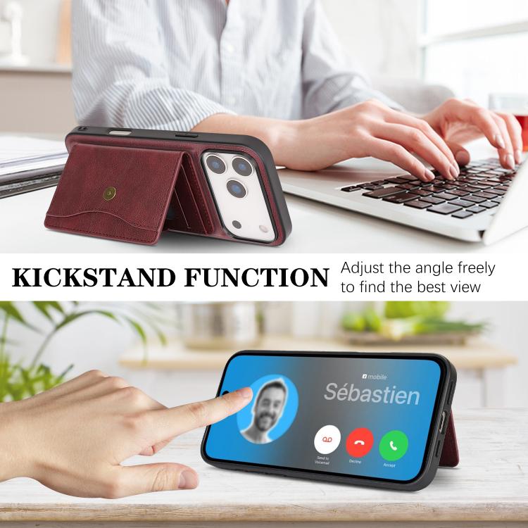 For iPhone 17 Pro Max Kalebol Magnetic Button Card Bag MagSafe Ring Leather Phone Case(Red) - iPhone 17 Pro Max Cases by Kalebol | Online Shopping UK | buy2fix