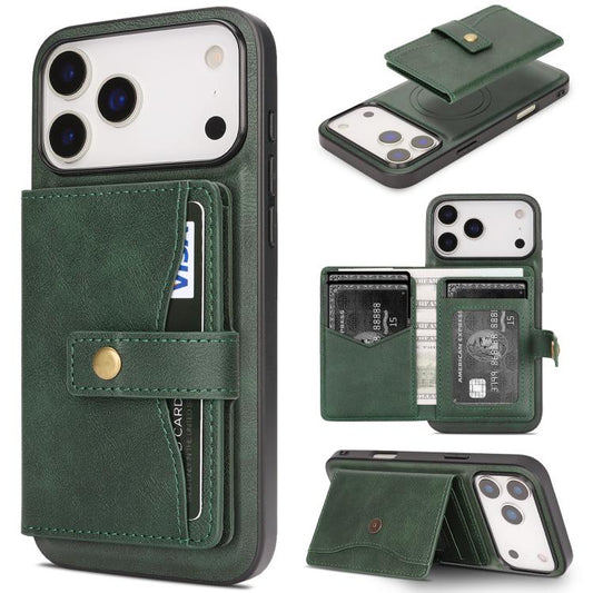 For iPhone 17 Pro Max Kalebol Magnetic Button Card Bag MagSafe Ring Leather Phone Case(Green) - iPhone 17 Pro Max Cases by Kalebol | Online Shopping UK | buy2fix