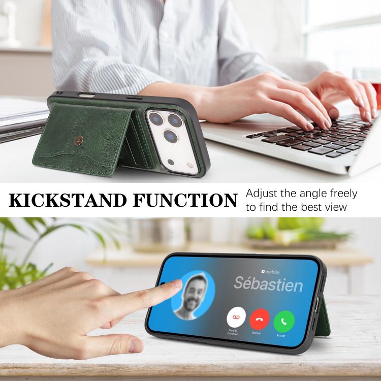 For iPhone 17 Pro Max Kalebol Magnetic Button Card Bag MagSafe Ring Leather Phone Case(Green) - iPhone 17 Pro Max Cases by Kalebol | Online Shopping UK | buy2fix