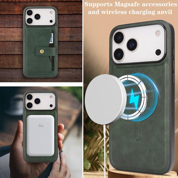 For iPhone 17 Pro Max Kalebol Magnetic Button Card Bag MagSafe Ring Leather Phone Case(Green) - iPhone 17 Pro Max Cases by Kalebol | Online Shopping UK | buy2fix